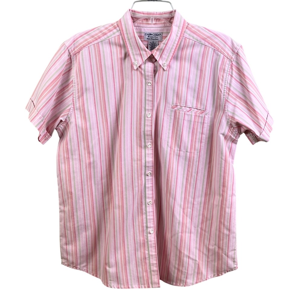 Cabin Creek Wrinkle Free Pink Striped Short Sleeve Cottagecore Button Shirt 12‎